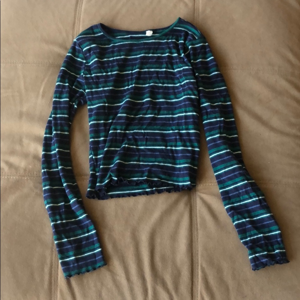 PacSun Green/Blue Striped Lettuce Edge Cropped Tee